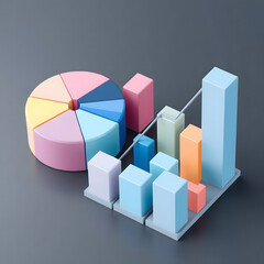 Obraz premium This image displays a vibrant 3D data visualization featuring a pie chart alongside a bar chart. Both charts use a pastel color palette, creating a soft and appealing aesthetic against a plain grey ba