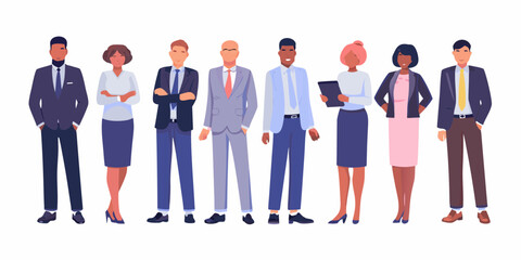 Diverse group of professional business people standing together in formal attire on a white background