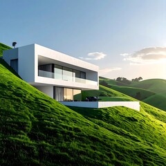 Modern, minimalist dwelling with expansive windows, nestled on a vibrant green hillside, under a clear blue sky and golden sunlight