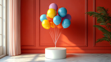 Vibrant balloons on white podium against warm red interior wall holiday celebration concept room decoration with plant