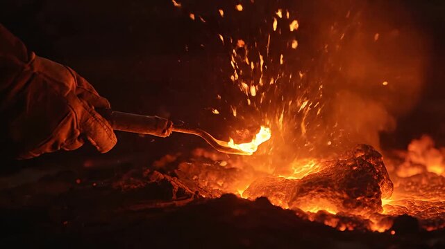 Industrial worker touching glowing metal slag with a tool at a steel foundry
