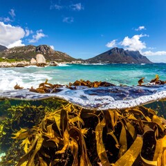 Split-level ocean scene showing sunlit kelp, breaking waves, turquoise water, rocky shore, distant mountains, and blue sky with clouds