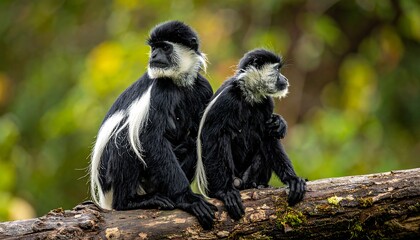 Two primates with striking black and white fur sit close together on a log, gazing away in a natural setting. The background is blurred with shades of green and brown