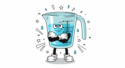 Angry Measuring Cup Cartoon Character with Arms Crossed and Water Inside.