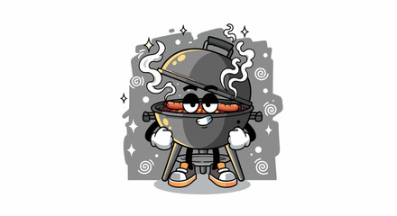 Cartoon character barbecue grill with hot dogs and smoke.
