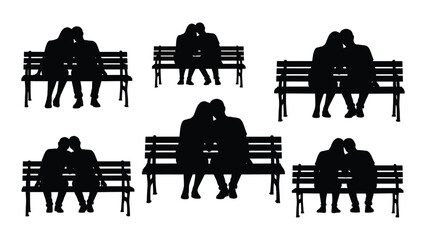 Romantic couple silhouettes on benches isolated on white background, Vector