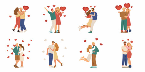 Collection of diverse couples embracing and sharing romantic moments surrounded by hearts