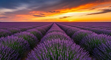 A vibrant purple lavender field with symmetrical rows leading towards a dramatic and colorful sunset on the horizon.