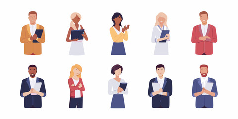 Diverse group of professional men and women in business attire holding documents and tablets