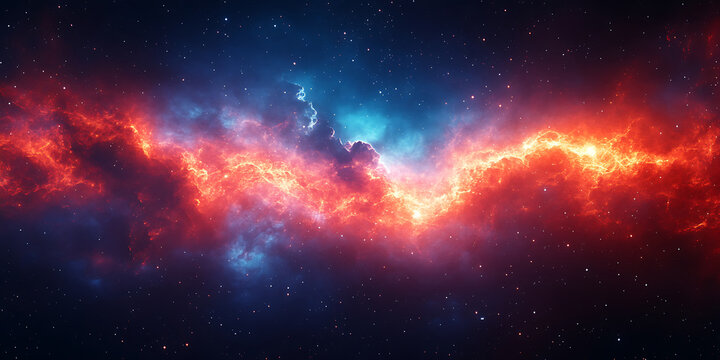 Vibrant cosmic nebula displaying intense red and blue star formation regions with scattered stars in the deep space galaxy