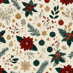 Poinsettia and Golden Ornament Christmas Botanical Pattern