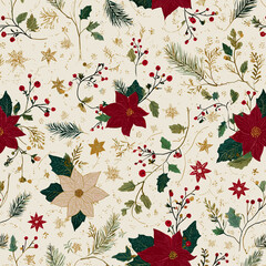 Elegant Christmas Poinsettia Pattern with Golden Stars