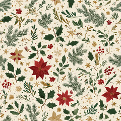 Minimal Poinsettia and Pine Leaf Holiday Pattern