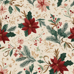 Red and Pink Poinsettia Christmas Pattern with Pine Leaves
