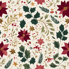 Classic Christmas Floral Pattern with Holly and Pine