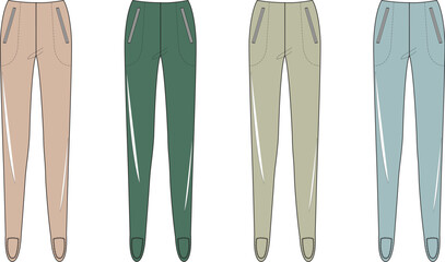 Four pairs of fashionable jogger pants displayed in a line on a plain background