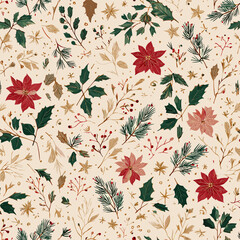 Vintage Holiday Botanical Pattern with Poinsettia and Holly