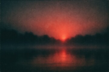 Fototapeta premium Ethereal sunrise over a misty lake with dark silhouetted trees and a vibrant red glow dawn