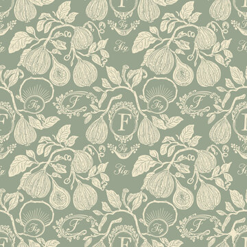 🌿 Vintage Botanical Fig Pattern with Engraving Style and Elegant Frame Monograms (Vector SVG) - Classic Fruit Design for Fabric and Wallpaper in Sage Green and Beige
