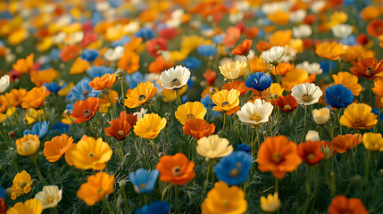 Vibrant field of colorful cosmos flowers in full bloom displaying a variety of hues and textures with natural light