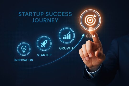 Finger touching a glowing target icon representing the goal of a startup success journey - Powered by Adobe