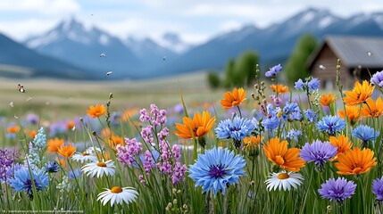 Tranquil Spring Meadow with Vibrant Flowers and Cozy Mountain Cabin