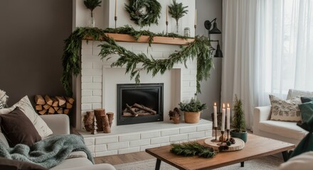 Cozy Living Room Decorated For Christmas With Fireplace Wreath Garland Candles And Pine Cones