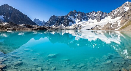 Stunning turquoise lake reflecting majestic snow-capped mountains under a clear blue sky, showcasing pristine natural beauty.