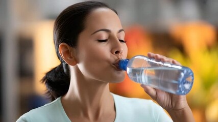 Healthy woman hydrating with refreshing water from bottle during exercise workout - Powered by Adobe