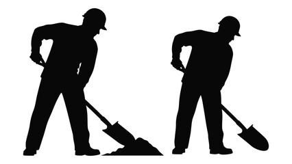 Construction workers shoveling silhouettes isolated on white background, Vector