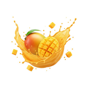 Mango with splash and cubes isolated on transparent background