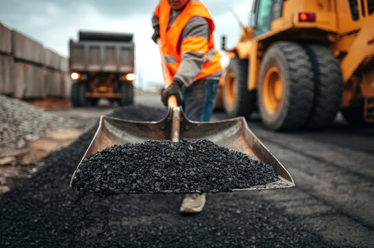 Pothole asphalt repair. Workmen spreading asphalt to repair a pothole in a roadway.