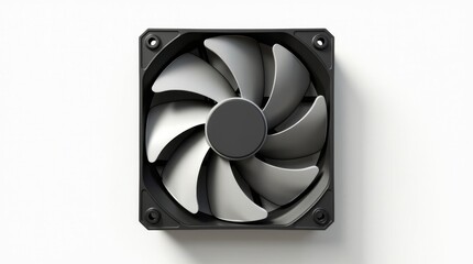 Close up of a black computer cooling fan with curved blades