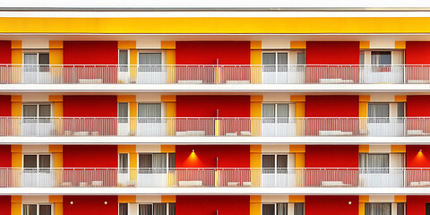 Vibrant hotel facade with red walls white balconies and yellow accents showcasing architectural symmetry