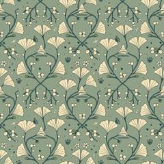 Fototapeta premium Elegant Art Nouveau Ginkgo Leaf and Berry SVG Vector Seamless Pattern: Vintage Arts and Crafts Style Floral Design for Botanical Wallpaper, Fabric, and Decorative Backgrounds
