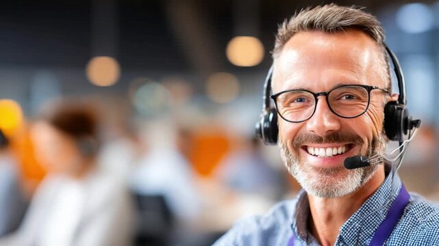 The Friendly Face of Customer Service: A customer service professional exudes approachability and expertise, wearing a headset and spectacles in a modern office environment.