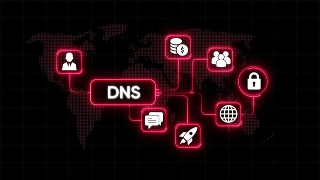 D N S network connectivity global business technology icons with world map background glowing neon lines connecting digital concepts for I T solutions and online services - Powered by Adobe
