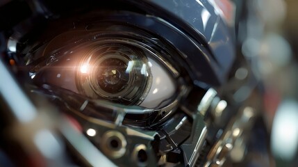 Close-up of a futuristic robotic eye, showcasing intricate details and a glowing lens.