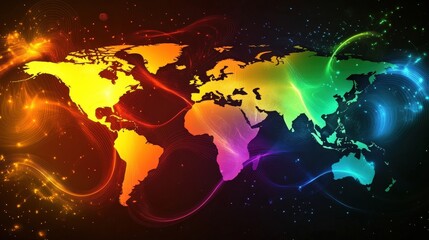 colorful world map with rainbow lights and glowing trails