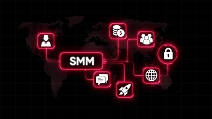 Social media marketing S M strategy icons connected on digital world map infographic neon glow animation business growth success - Powered by Adobe