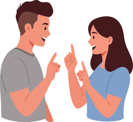 Fototapeta premium A man and woman pointing at each other with their index fingers and smiling