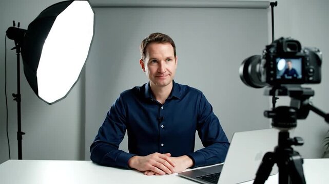 A man is recording a video in a studio, surrounded by lights and equipment