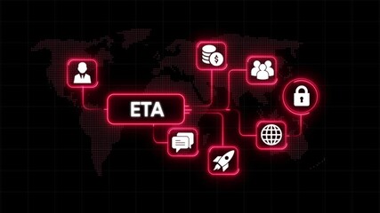 Global business network connection concept with E T A text and icons for finance communication startup security and people on digital world map background - Powered by Adobe