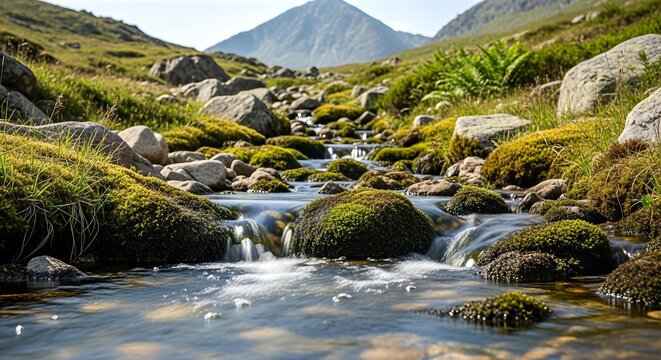 Scenic mountain stream flowing through a lush, rocky landscape.