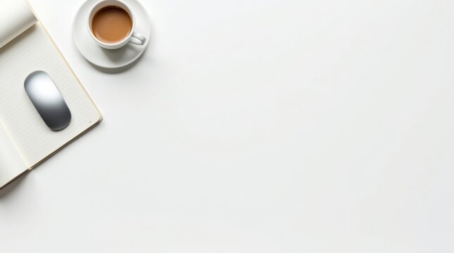 Clean white workspace featuring notebook, mouse, and coffee cup.