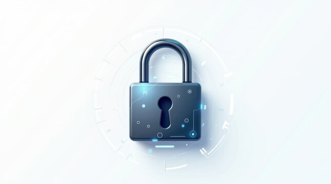 Cyber security padlock icon on white background with tech elements