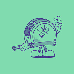 Groovy measure character in retro cartoon with happy face. Mascot, vector, icon, collection, sticker, vintage, illustration, set, funny, logo, comic, editable, 70's, worker tools, hand tools