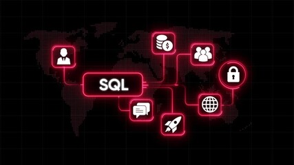 S Q L database management system global network connectivity data analysis business growth security and communication icons on digital world map background neon glowing technology concept - Powered by Adobe