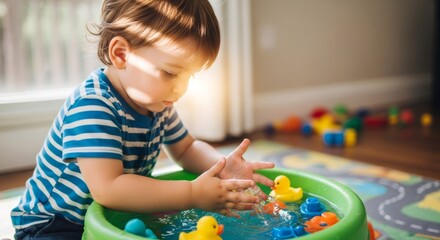 Little caucasian boy playing with water activities and rubber duck toy. Early child development and sensory play for autism spectrum disorder therapy.