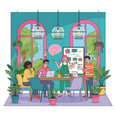 Creative Team Brainstorming Ideas in Colorful Modern Office Space